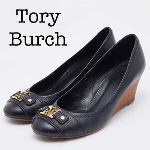 Tory Burch Black Leather Wedge Pumps Size 10 1/2